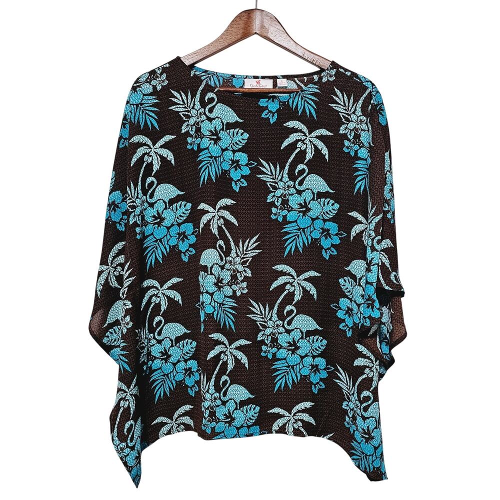 Quacker Factory Kimono Top Brown Blue Palm Trees Flamingos Cover Up Women's S